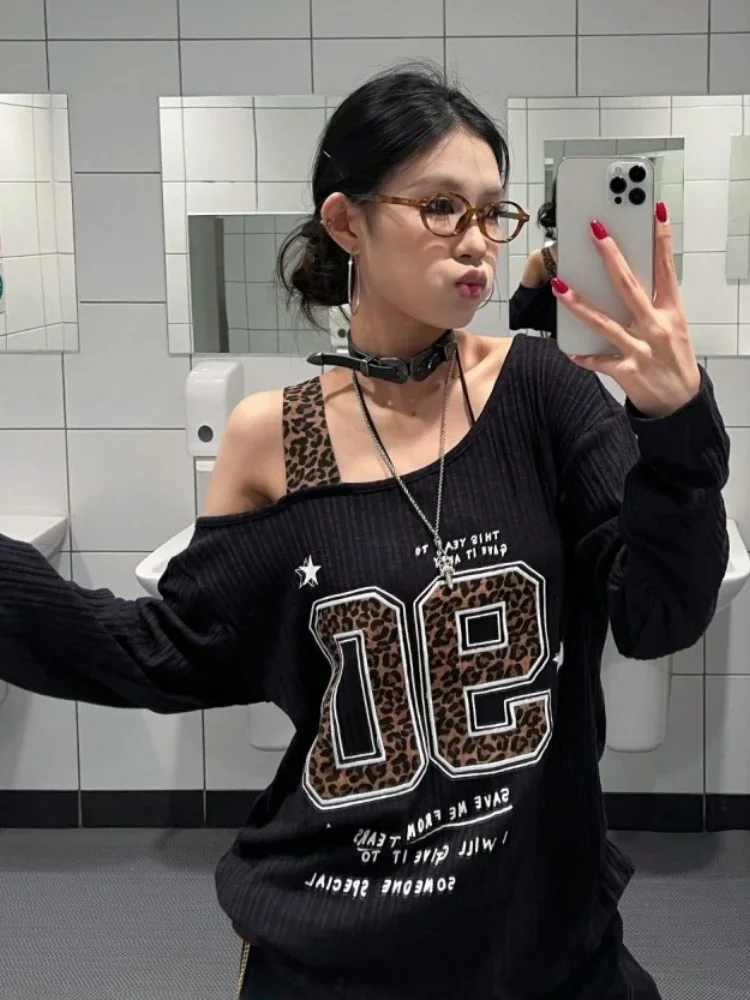 Y2K 패치워크 레오파드 프린트 티셔츠 여성 루즈핏 스 - Shirts 리뷰 및 가격