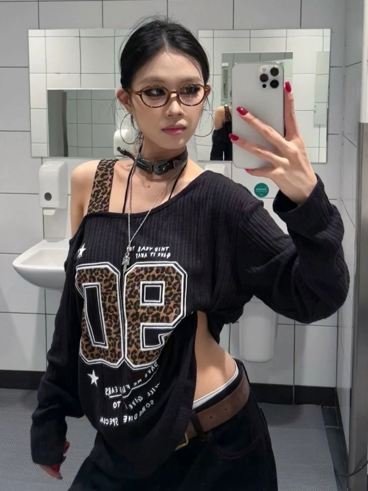 Y2K 패치워크 레오파드 프린트 티셔츠 여성 루즈핏 스 - Shirts 리뷰 및 가격